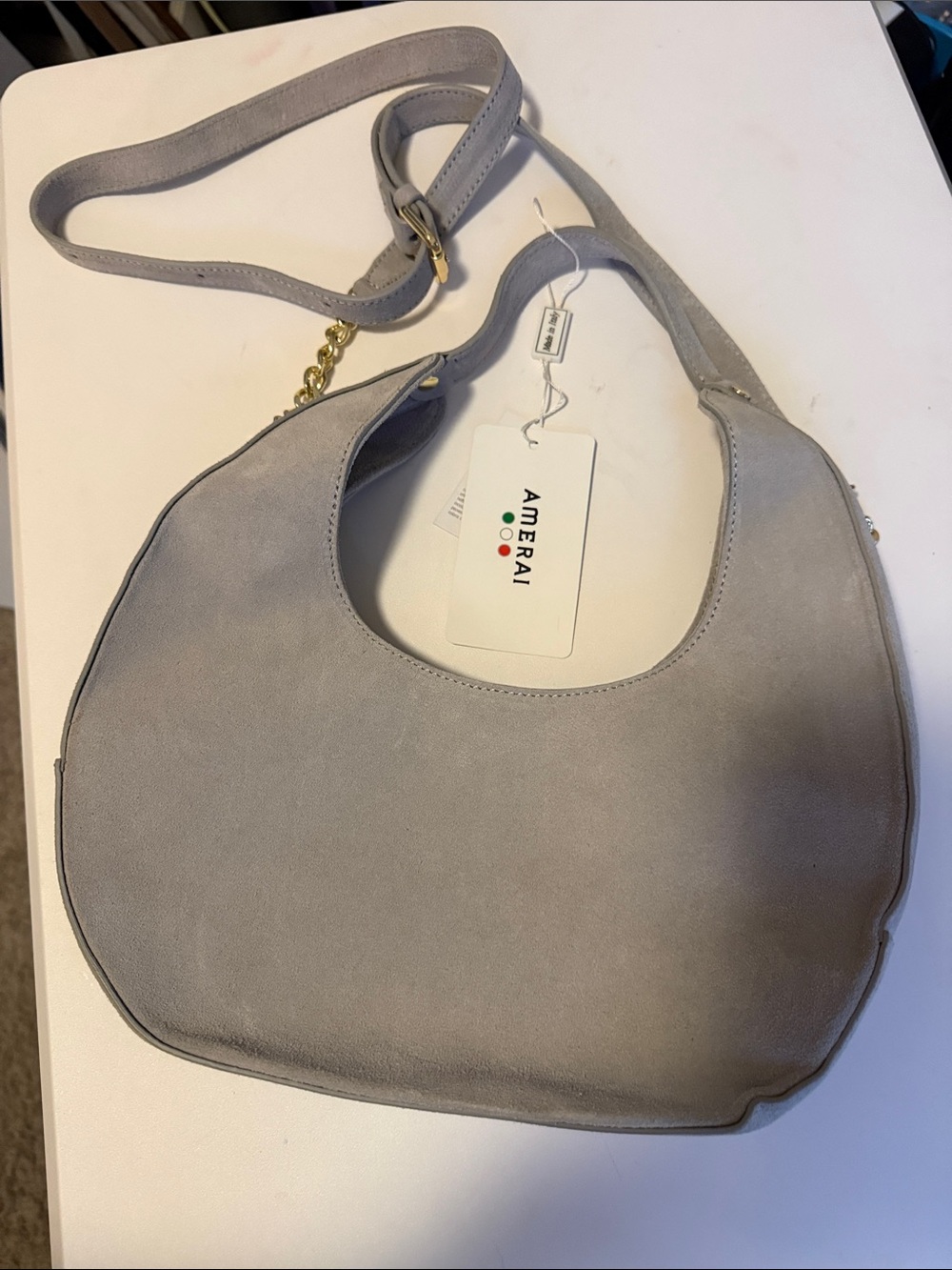 Amerai Soft Gray Suede Crescent Shoulder Bag